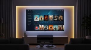 Een moderne woonkamer met een smart tv waarop een application iptv interface te zien is.