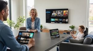 Een gezin in Vlaanderen gebruikt IPTV op een Smart TV, een tablet en een smartphone tegelijkertijd.