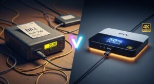 Vergelijking tussen een verouderde kabeldecoder en een moderne, voordelige IPTV-boitier die 4K-kwaliteit biedt.