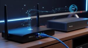 Verbonden internet router en ethernetkabel om buffering in je iptv mediaspeler te voorkomen.